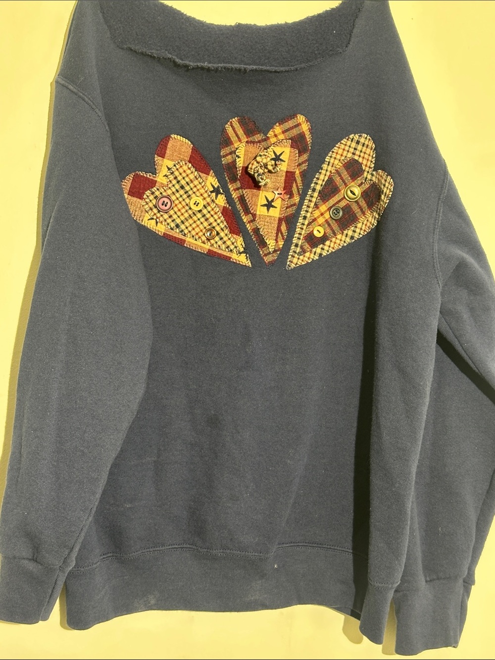 Navy Crewneck Sweater with Plaid Heart Appliqués